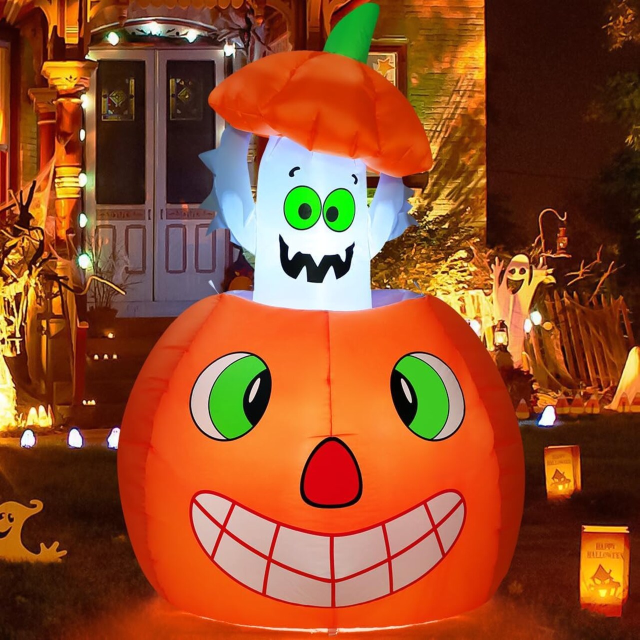 GOOSH 5 FT Halloween Inflatables Animated Pumpkin Ghost Blow Up with Built-in LEDs